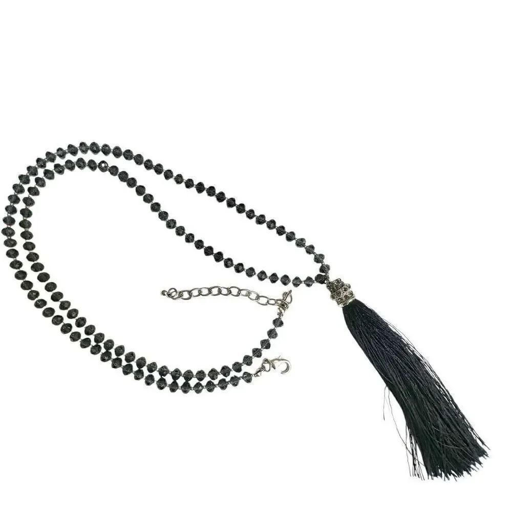 Blue crystal beaded long tassel necklace